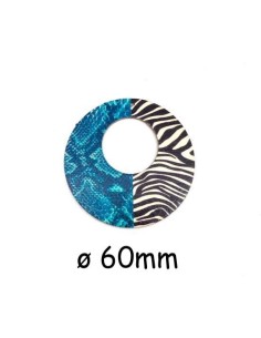 Pendentif créole en bois motif zèbre et serpent bleu turquoise, noir et écru