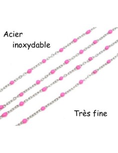 Chaine très fine argenté et émaillé bille rose en acier inoxydable maillon forçat