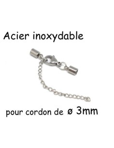 Fermoir mousqueton embout rond pour cordon cuir de 3mm en acier inox argenté avec chainette de rallonge