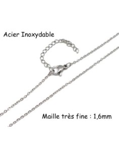 Collier chaîne très fine maille forçat en acier inoxydable argenté avec fermoir - 44cm - chainette de rallonge