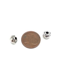 Perle toupie gravé de petits ronds en métal argenté pour cordon 2mm 2