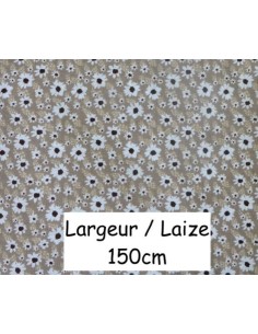Tissu coton motif fleur blanche sur fond beige marron clair - vendu au mètre