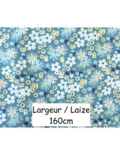 Tissu coton à fleurs bleu canard, bleu ciel, jaune pâle et blanc en 160cm de laize