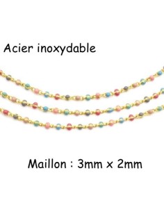 chaîne doré en acier inox et maillon maillon multicolore pastel bleu turquoise, rose pastel, gris, rose orangé