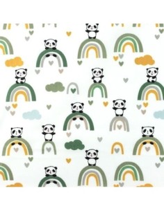 Popeline de coton motif Panda ocre, vert sur fond écru blanc - vendu au mètre - Tissus coton 2