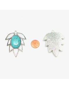 Pendentif feuille argenté avec cabochon ovale bleu turquoise 2