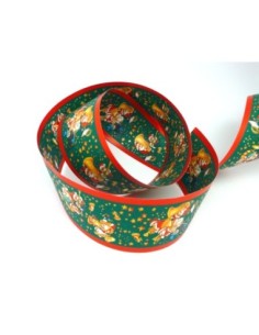 Ruban fantaisie Père Noël et sa fanfare sur fond vert sapin 5cm 2