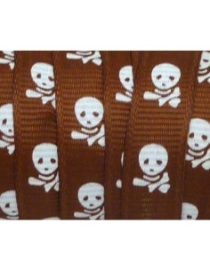 Ruban plat marron 10mm avec motif tête de mort blanche