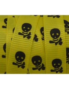Ruban plat jaune motif tête de mort noire 10mm