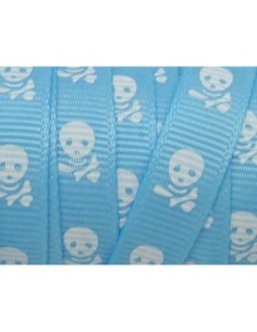 Ruban bleu clair avec motif tête de mort blanche 10mm