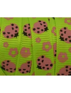 1m Ruban coccinelle rose sur fond vert fluo 10mm de large 2