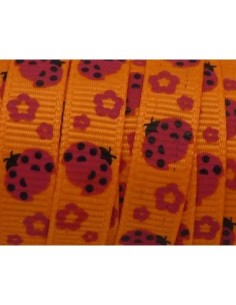 1m Ruban coccinelle rouge rose sur fond orange 10mm de large