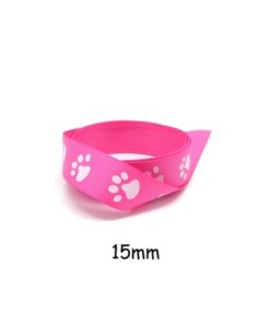 Ruban fantaisie rose vif 15mm empreinte patte de chat blanche