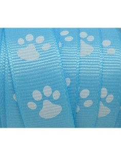 Ruban fantaisie bleu ciel 15mm empreinte patte de chat blanche 2